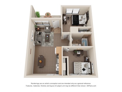 Floor plan for 2 beds, 1 bath, 585 sqft
